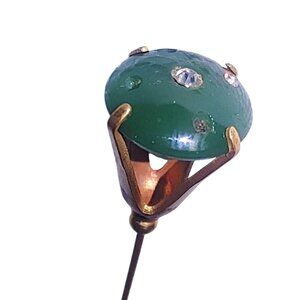 Long Hat Dress Pin Vintage Brass Green Glass Bead Gold Tone Straight Pin